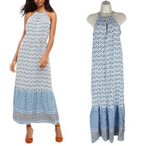 Ann Taylor LOFT Border Flounce Halter Neck Maxi Dress Blue Size XXS